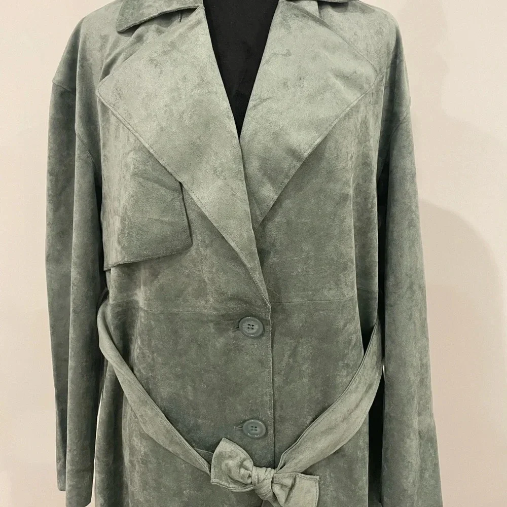 Anthropologie Blank NYC Green Faux Suede Plush Belted Trench Coat Jacket Sz XS - Picture 6 of 14